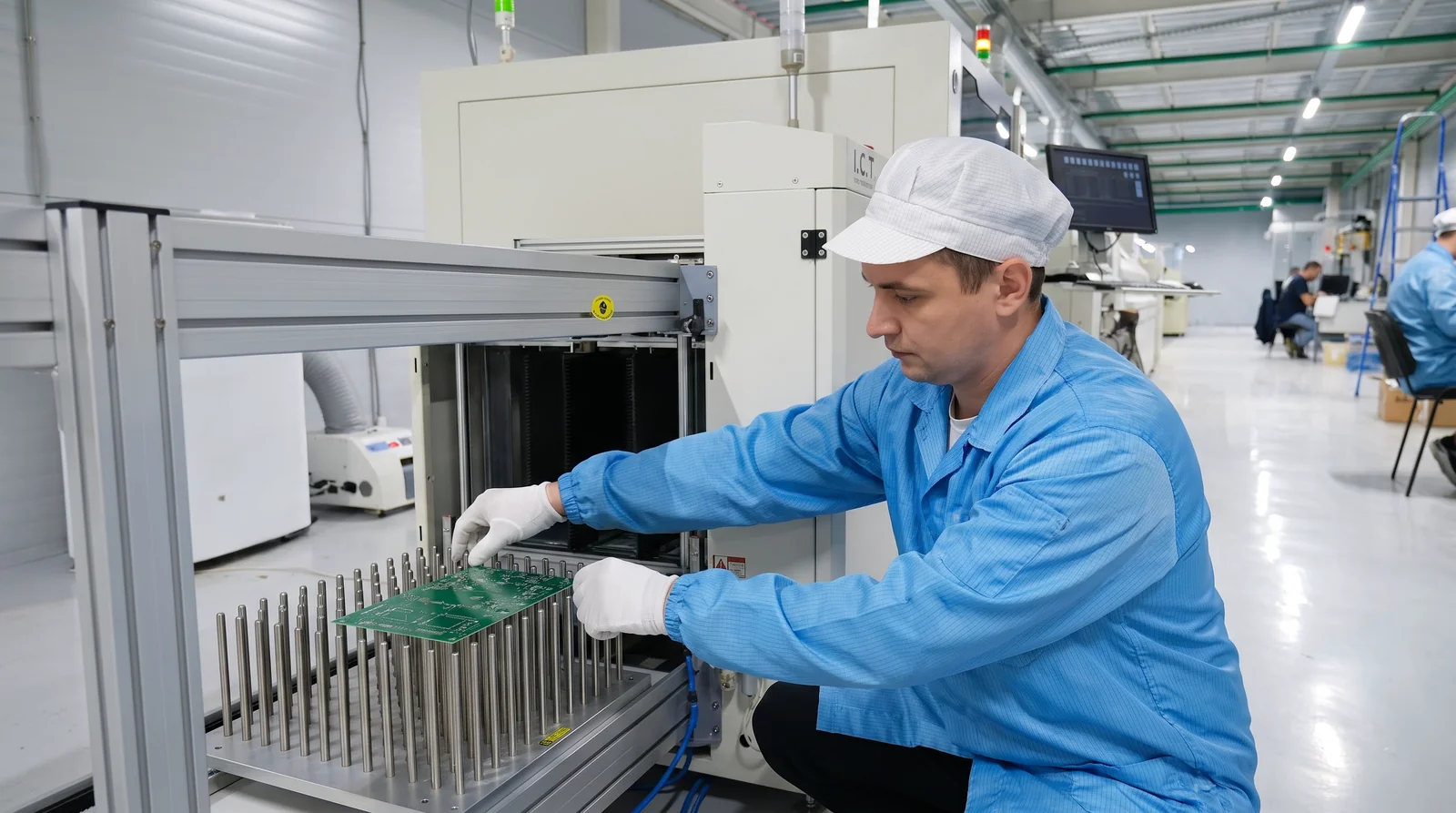 Engineer holding PCB fiducial mark inspection