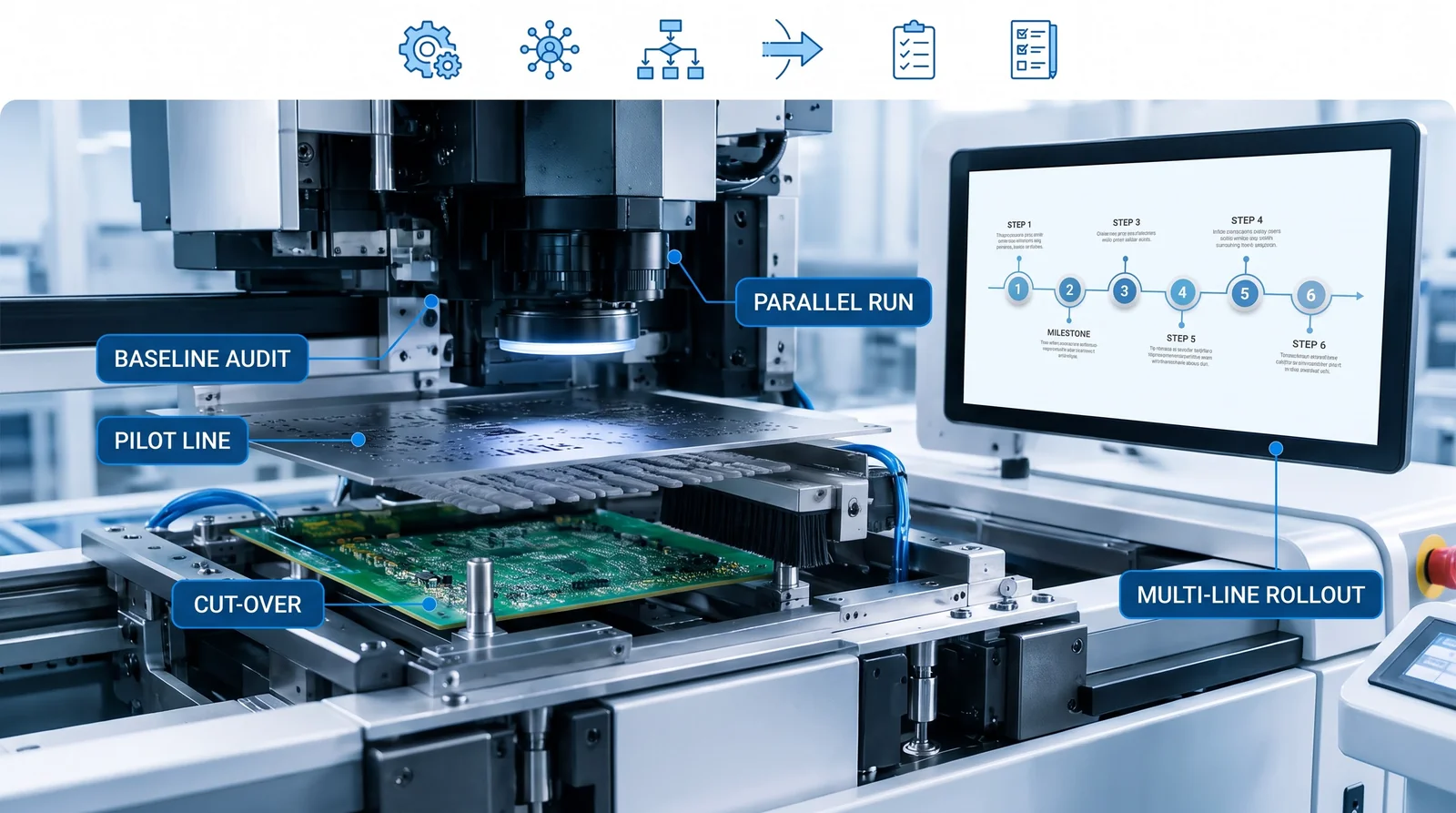 Six-milestone 12-month roadmap for migrating from semi-automatic to fully automatic SMT stencil printing, covering baseline audit, pilot line, parallel run, cut-over, parameter lock-in and multi-line rollout for compact consumer PCBs and long LED lighting panels.