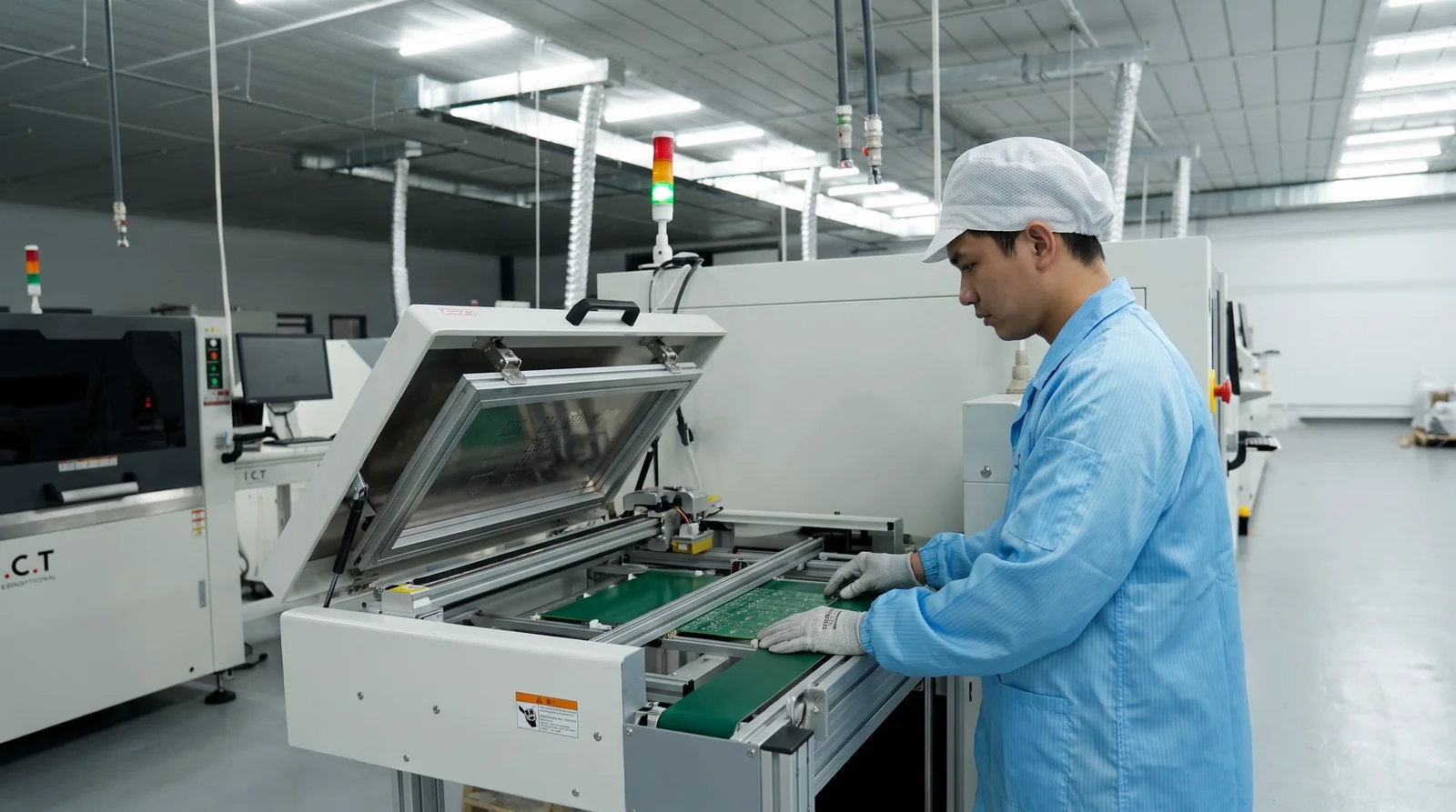 SMT stencil printer operator loading PCB