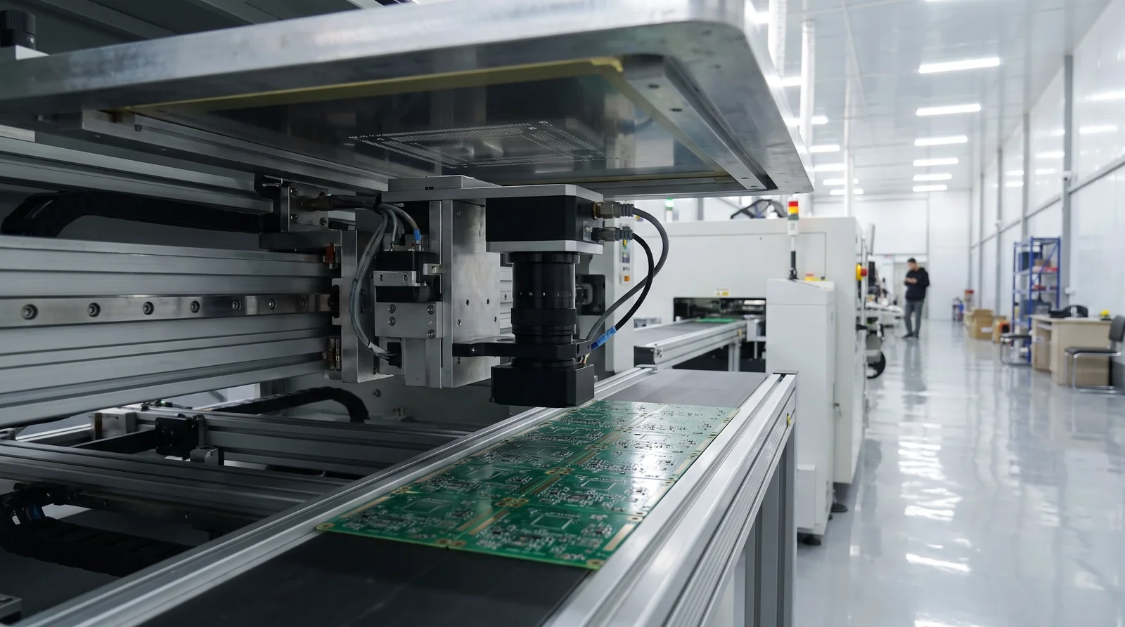 Technician inspecting fresh solder paste deposit