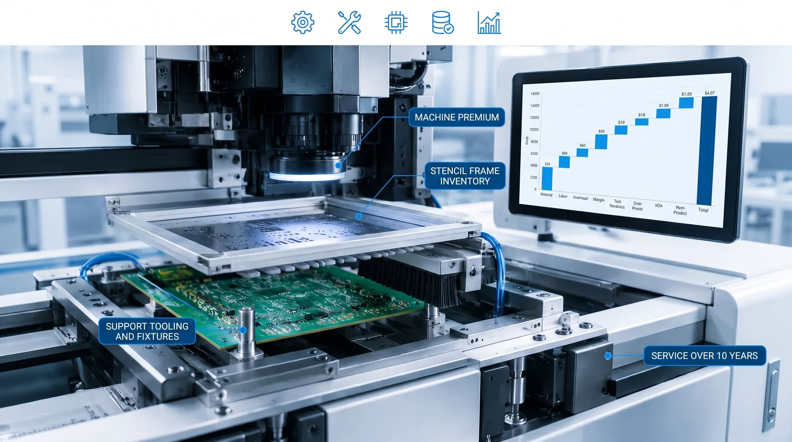 Waterfall chart breaking down the true total-cost gap between a semi-automatic and a fully automatic SMT stencil printer, from machine premium to 10-year service, for low-volume prototyping, NPI and high-volume SMT production.