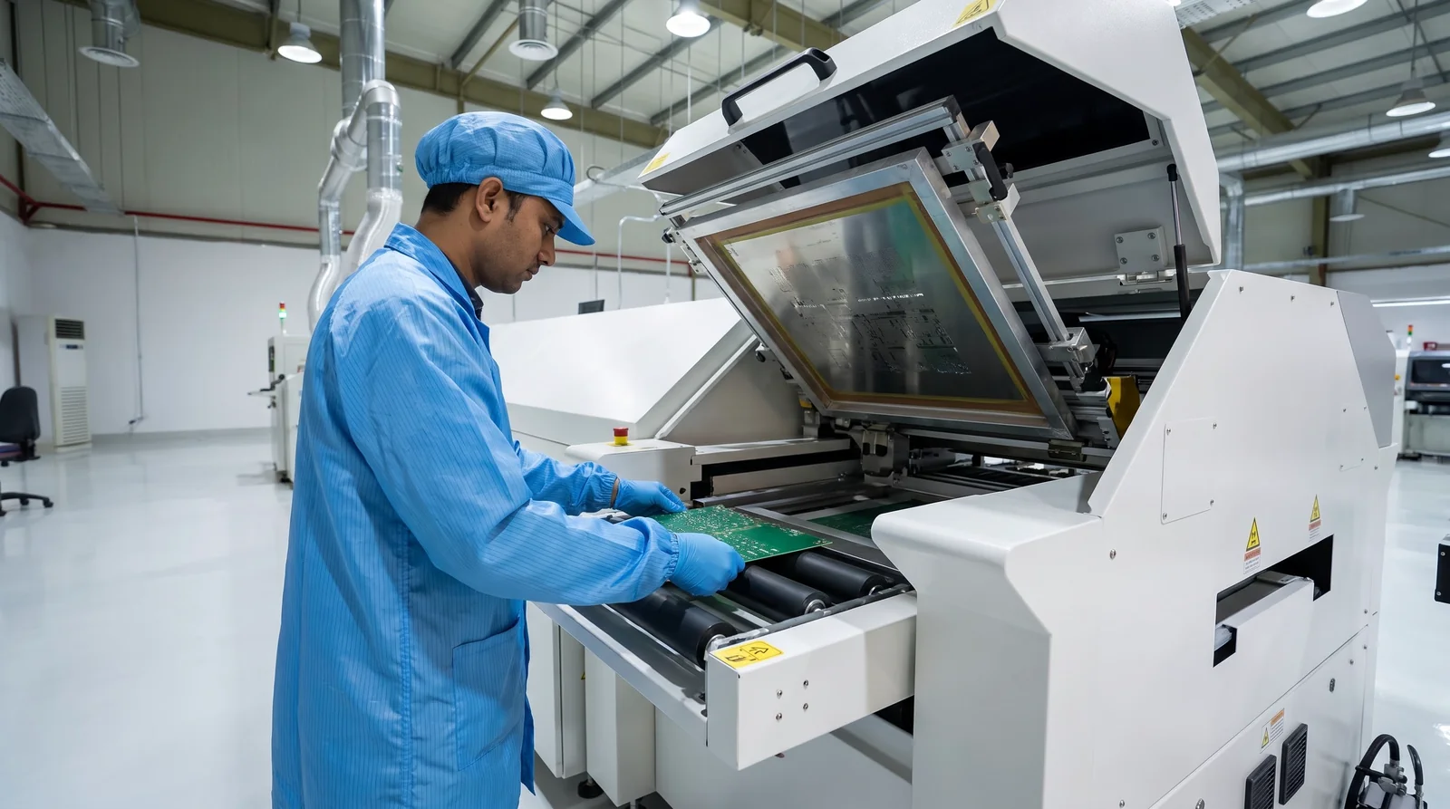 SMT solder paste printer operator loading PCB