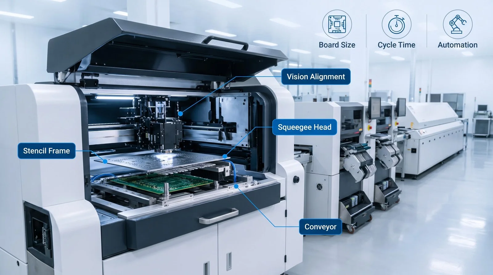 SMT stencil printer at the head of an SMT assembly line feeding PCBs into pick-and-place - solder paste printing machine setup for high-volume EMS electronics manufacturing.