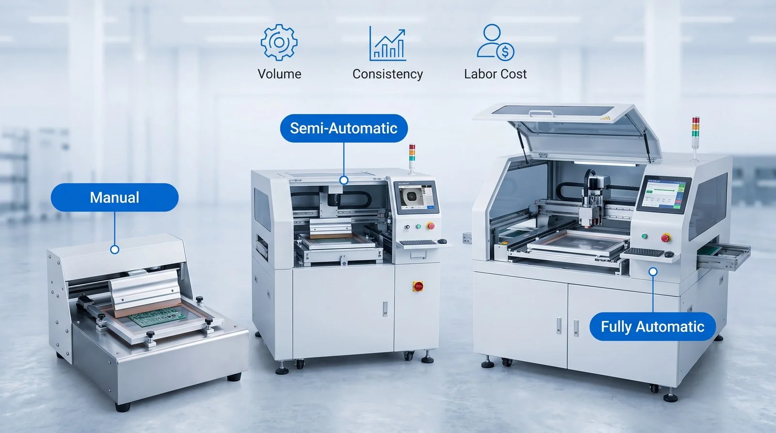 Manual, semi-automatic and fully automatic SMT stencil printers side by side - choosing a solder paste printer for low-volume prototyping, NPI and high-volume SMT production.
