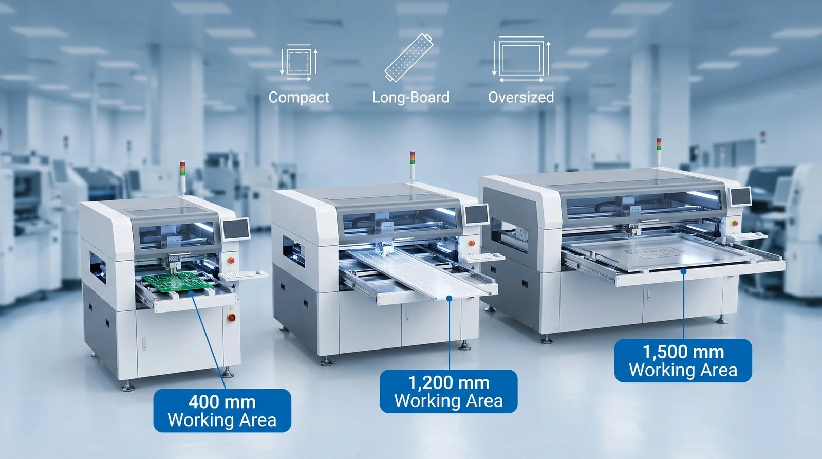 SMT stencil printers with 400 mm, 1,200 mm and 1,500 mm working areas - matching stencil printer board size for compact consumer PCBs, standard boards and long LED lighting panels.