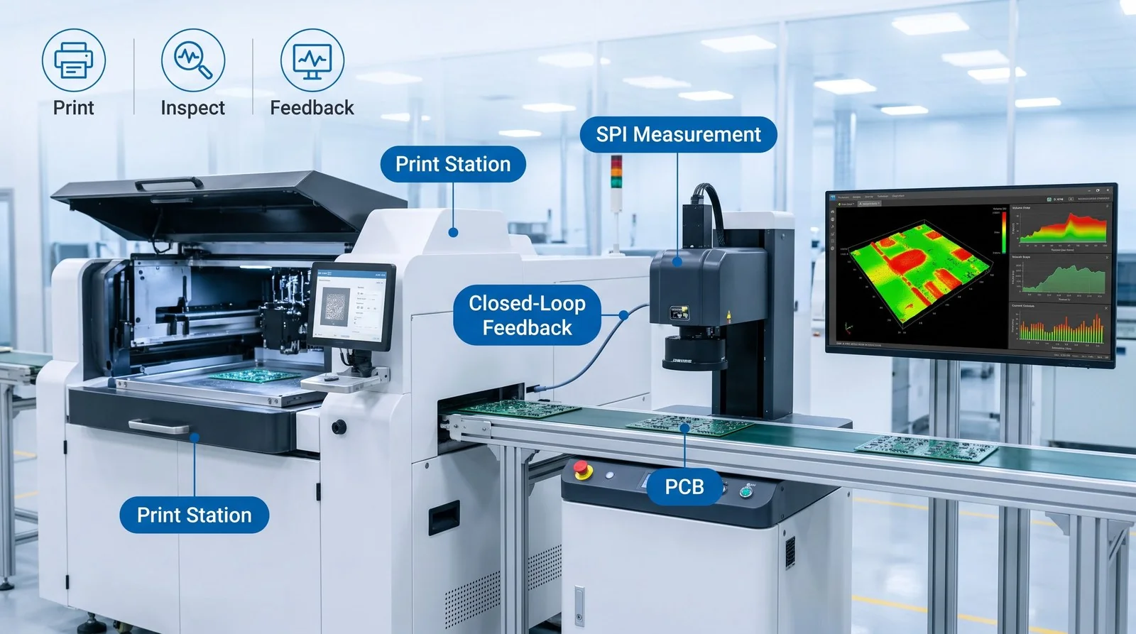 SMT stencil printer linked inline with a 3D SPI system for closed-loop solder paste inspection - cutting printing defects and lifting first-pass yield in automotive and LED electronics assembly.