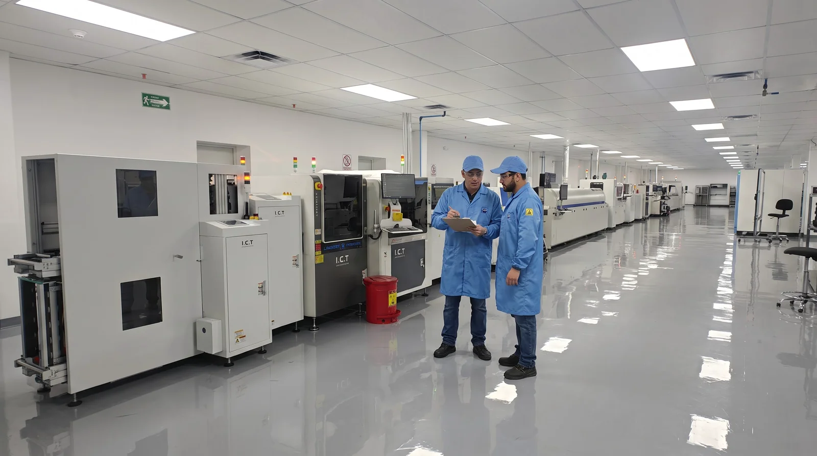 Process engineers reviewing SPI solder paste data