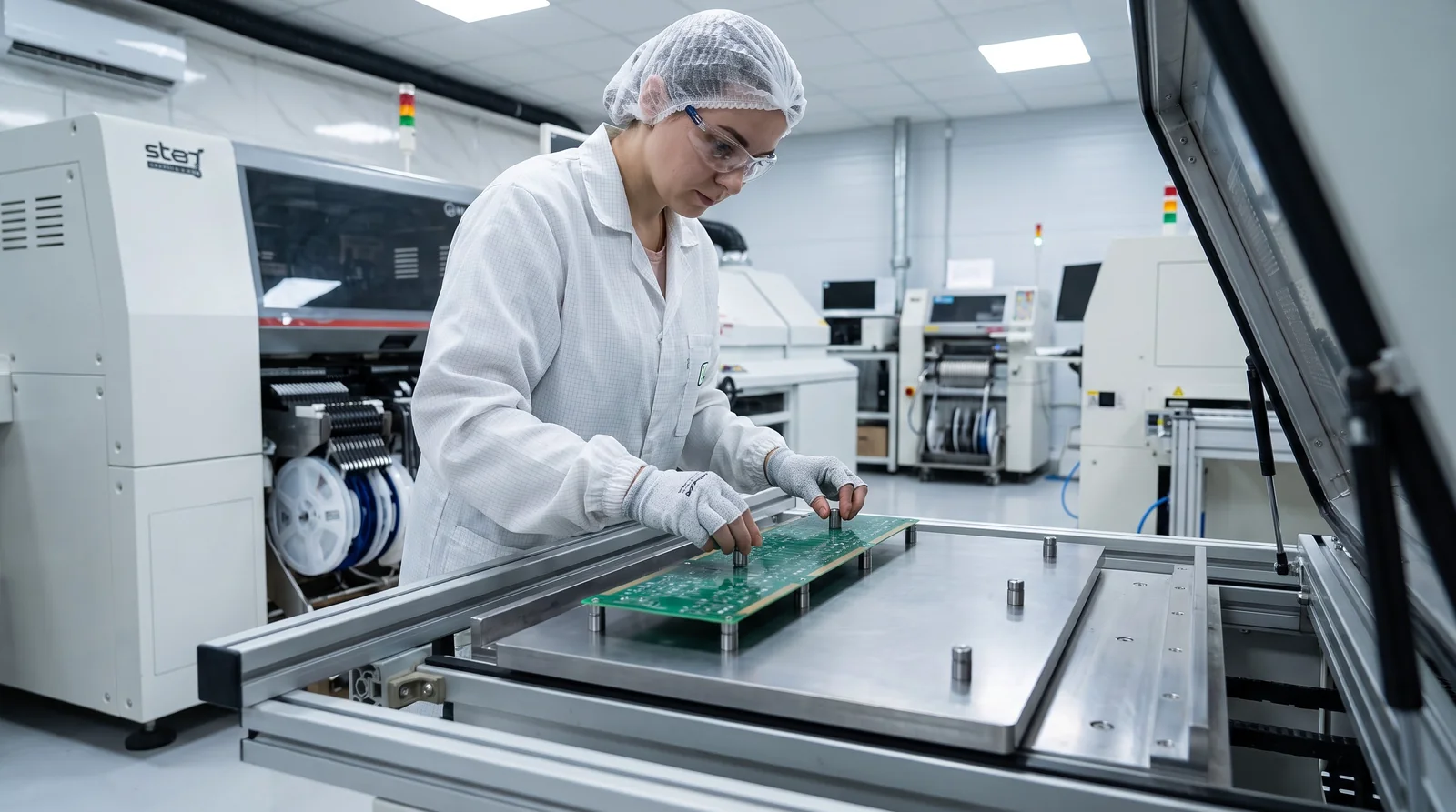 Large PCB stencil printer board support pins technician